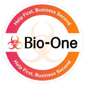 Biohazard symbol with the words Bio-One and Help First, Business Second