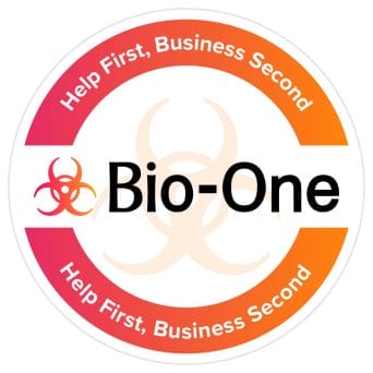 Biohazard symbol with the words Bio-One and Help First, Business Second